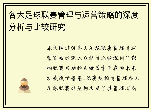 各大足球联赛管理与运营策略的深度分析与比较研究